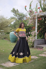 Elegant Black Flared Lehenga Set with Artisan Embroidered Bodice, Contrast Yellow Hem, and Traditional Look