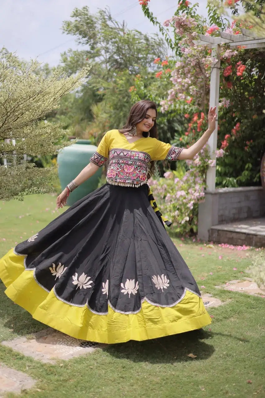 Gorgeous Black Ethnic Lehenga with Decorative Lotus Motifs, Vibrant Embroidered Blouse, and Timeless Indian Fashion