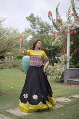 Stylish Black and Yellow Lehenga featuring Kutchi Inspired Embroidery, Flared Silhouette, and Designer Finish