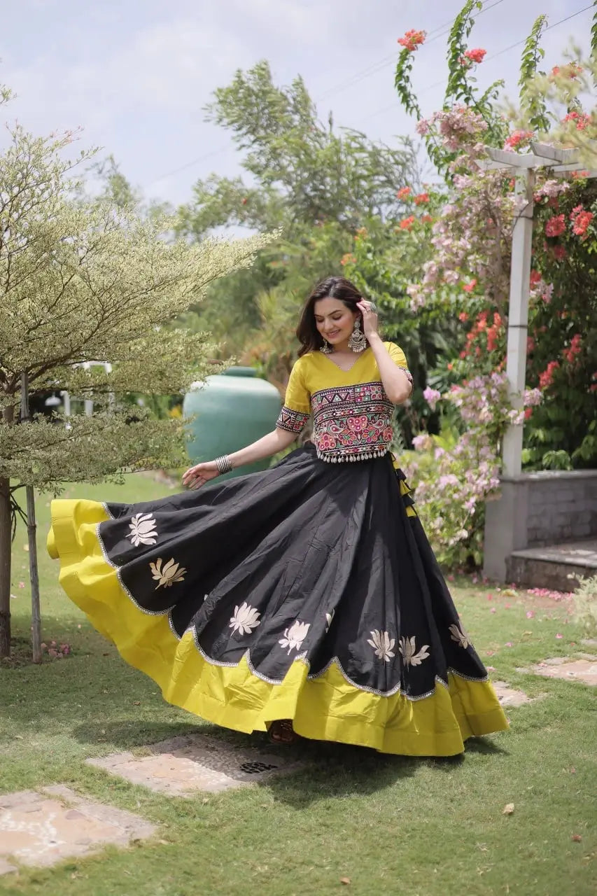 Women's Festive Black Lehenga Set with Mustard Yellow Contrast Hem, Embroidered Choli, and Graceful Ethnic Style