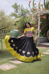 Beautiful Black Ethnic Lehenga with Intricate Embroidered Choli, Lotus Motifs, and Elegant Flared Skirt