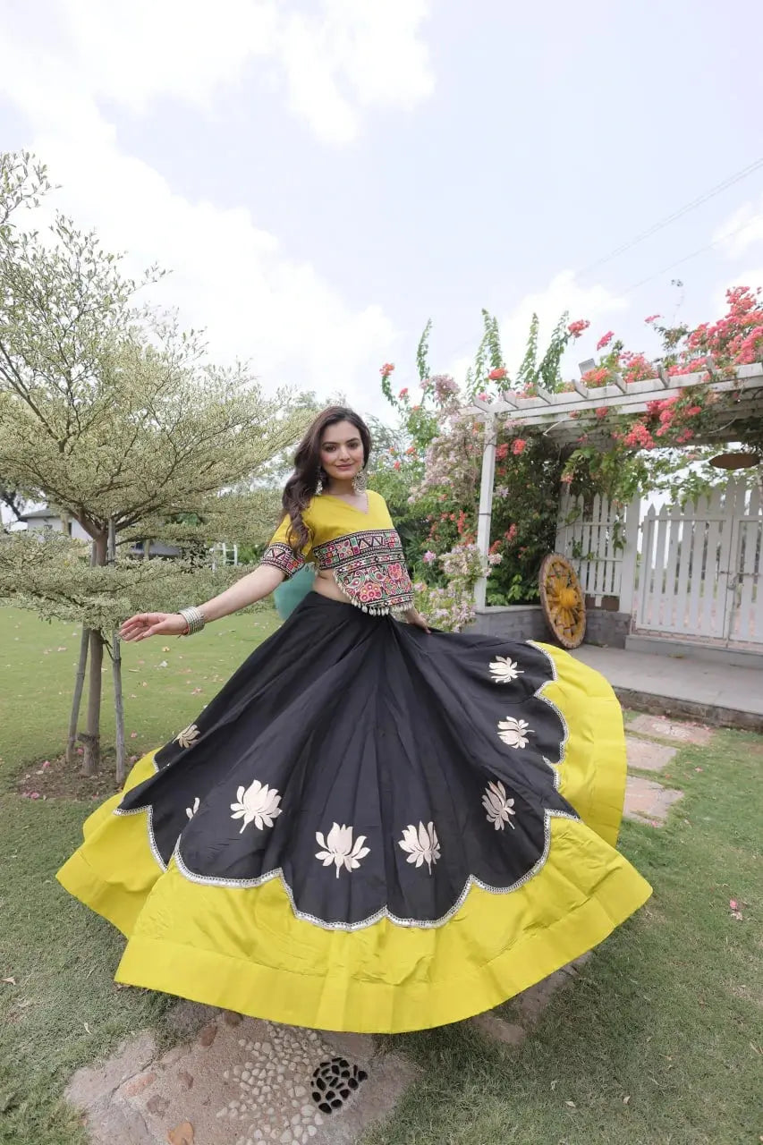 Women's Black and Mustard Yellow Lehenga Choli with Colorful Kutchi Embroidery and Traditional Ethnic Design