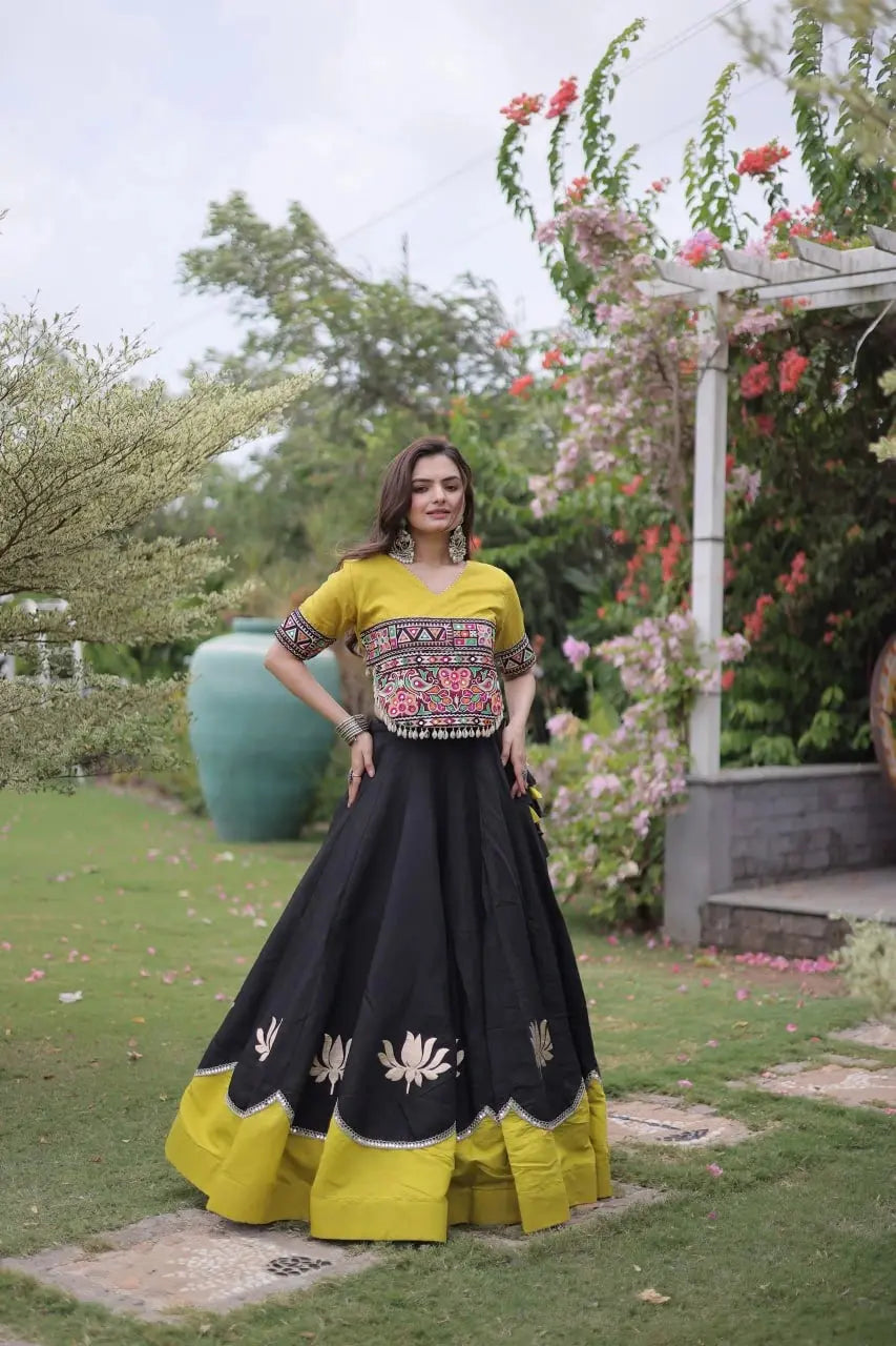 Traditional Black and Mustard Yellow Designer Lehenga Set with Embroidered Blouse, Broad Contrast Border, and Elegant Celebration Wear