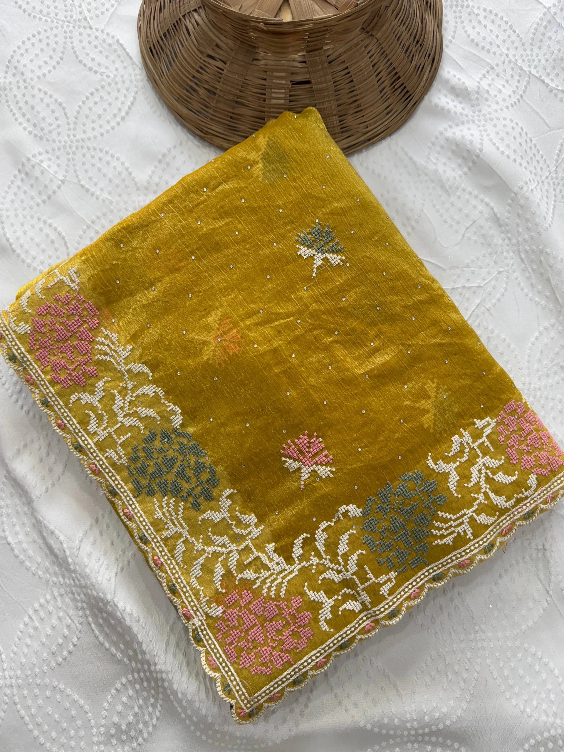 Yellow Embroidered Swarovski Work Fendy Chiffon Silk Saree
