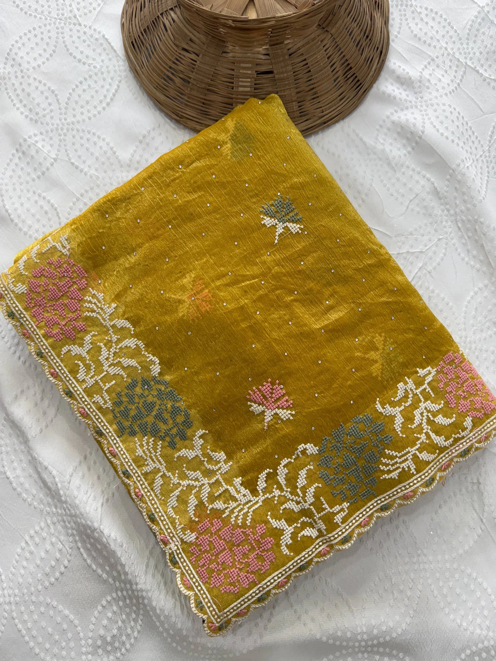 Yellow Embroidered Swarovski Work Fendy Chiffon Silk Saree