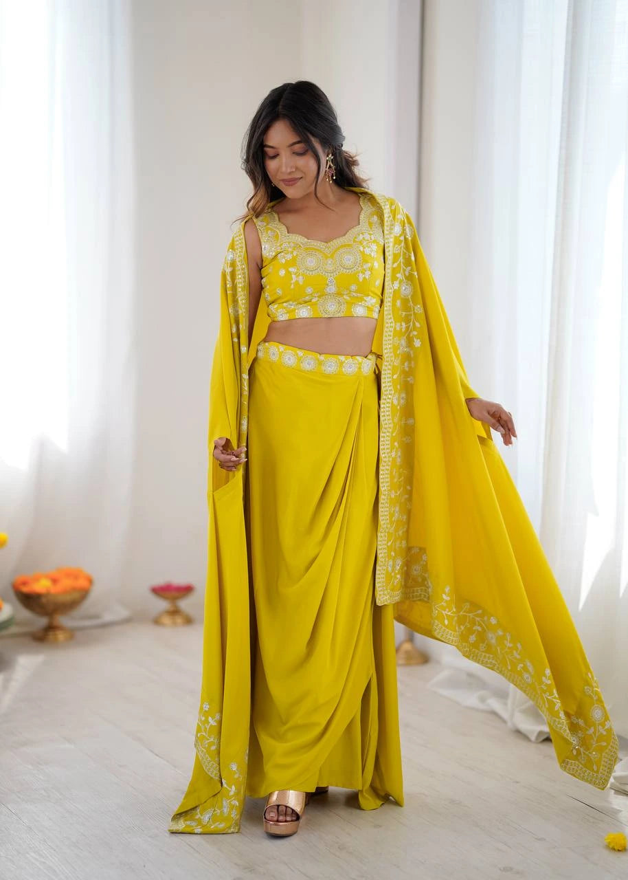 Woman wearing a yellow traditional outfit with a white background