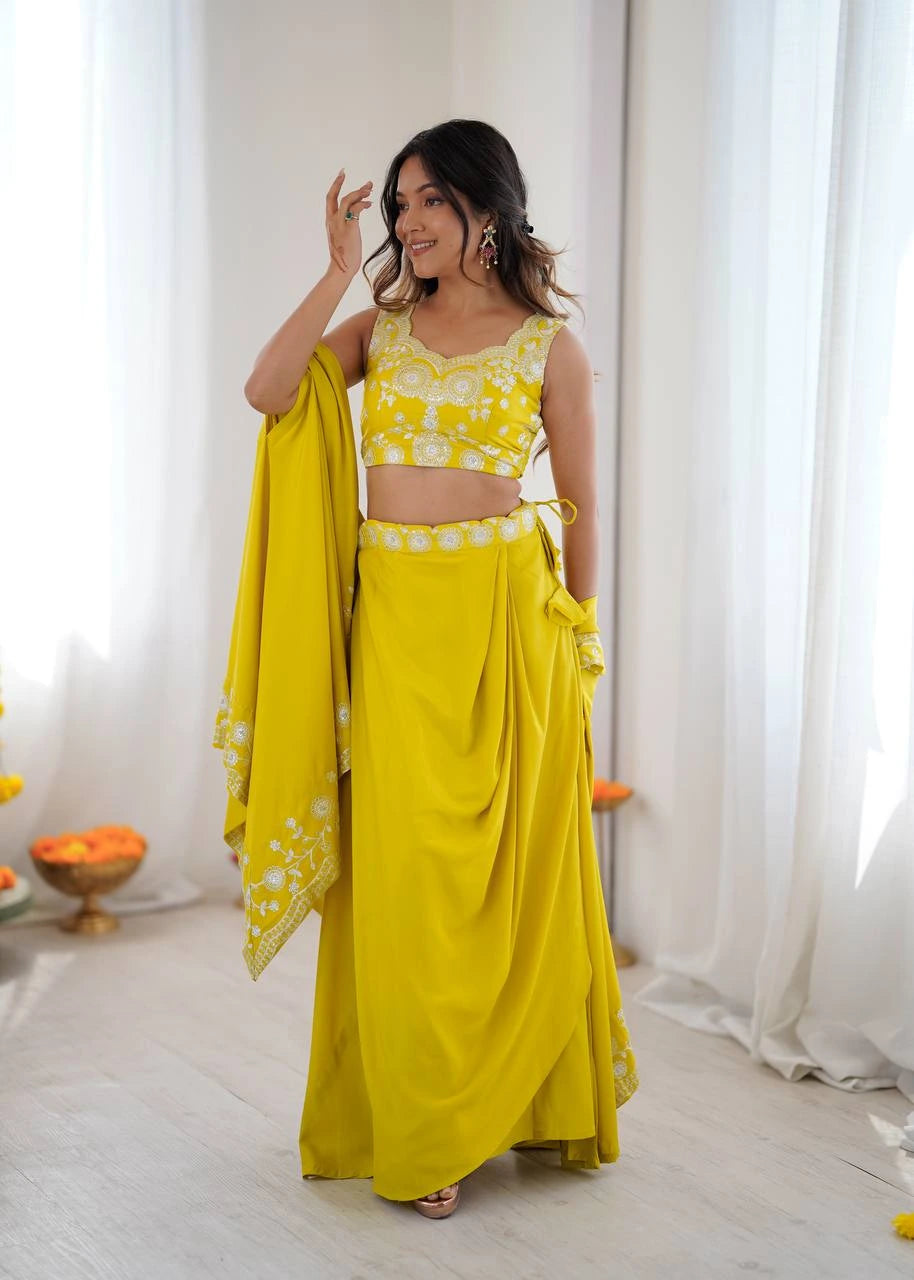 Woman in a yellow traditional outfit with a white background