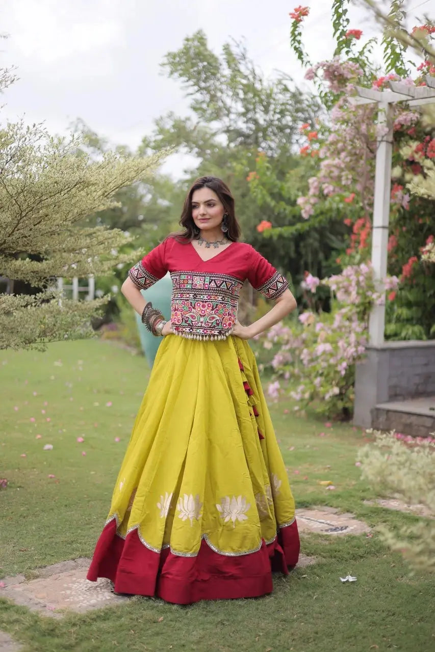 Women's Mustard Yellow and Maroon Lehenga Choli with Colorful Kutchi Embroidery and Traditional Ethnic Design