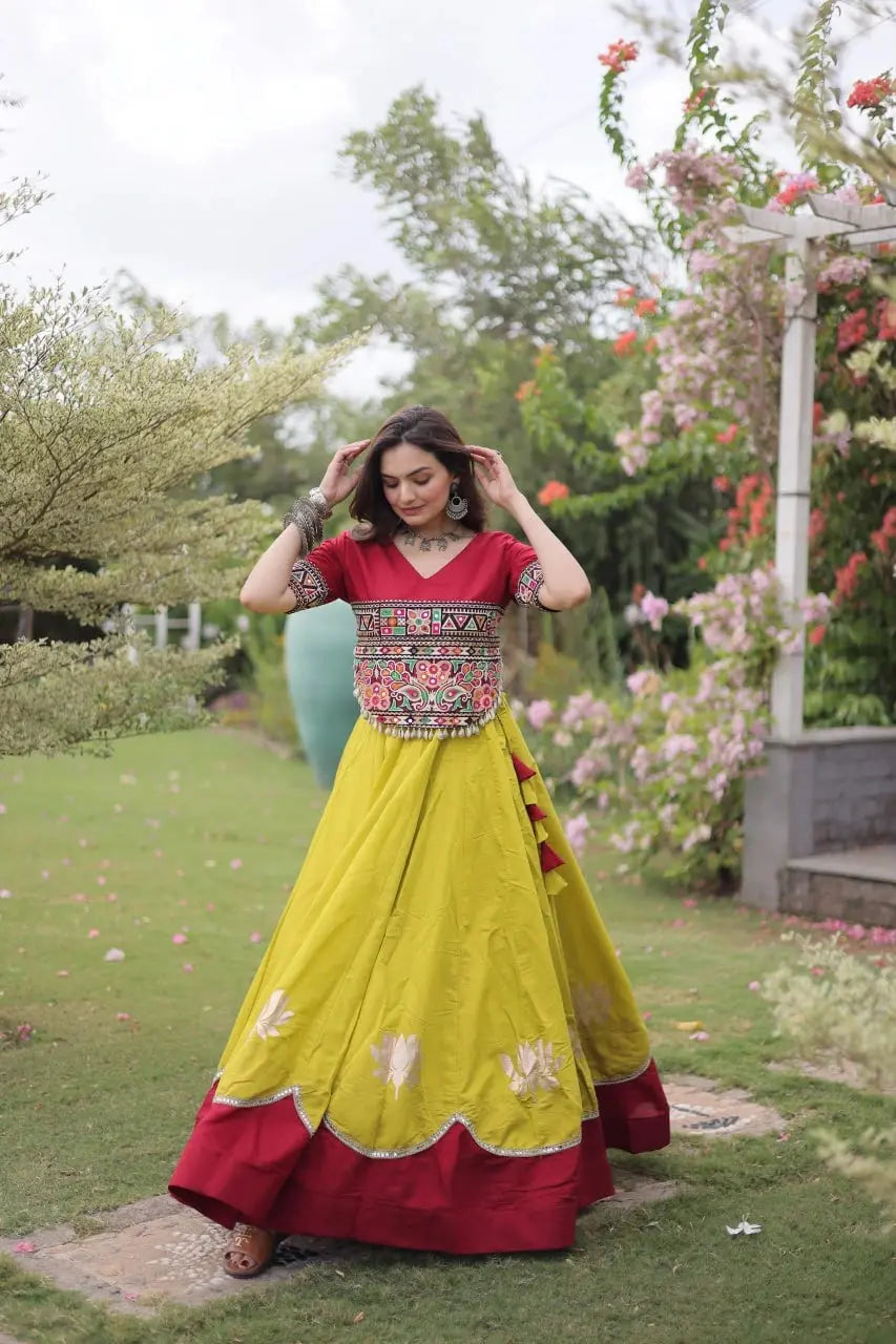 Traditional Yellow and Maroon Lehenga Choli with Colorful Mirror Style Embroidery and Festive Appeal