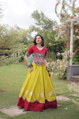 Elegant Mustard Yellow Party Wear Lehenga featuring Designer Embroidered Blouse, Floral Motifs, and Broad Maroon Hem Border
