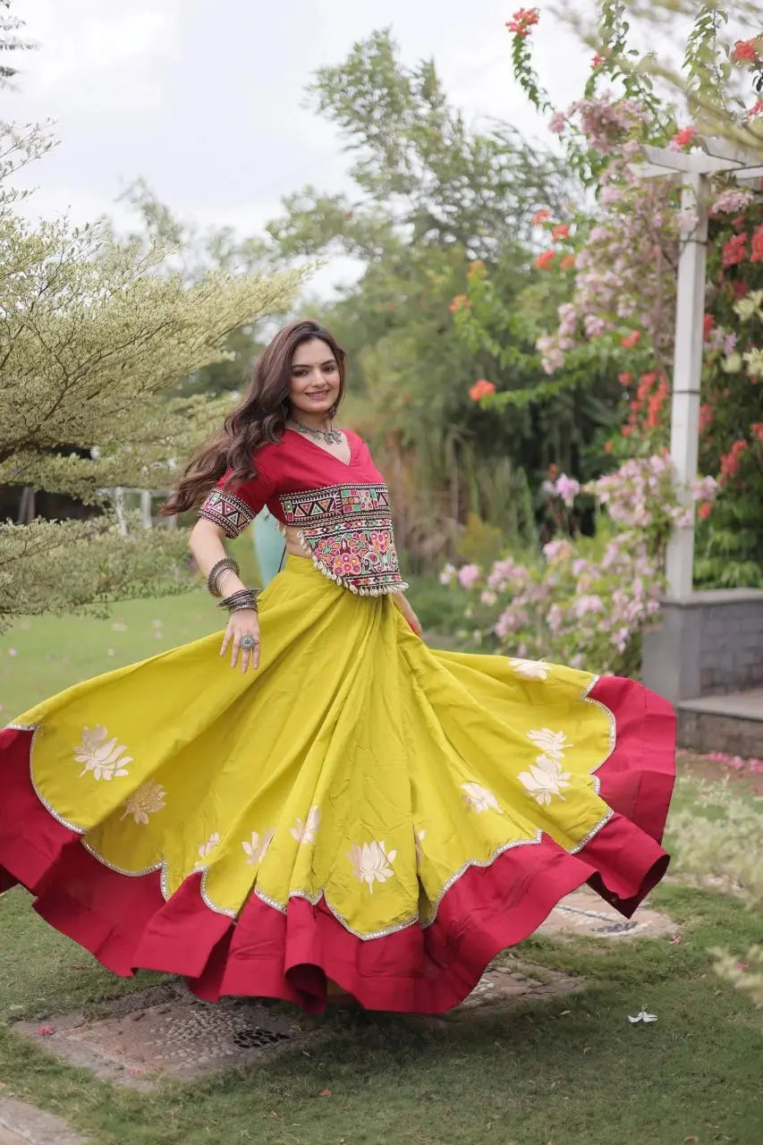 Women's Festive Mustard Yellow Lehenga Set with Maroon Contrast Border, Embroidered Choli, and Elegant Ethnic Style