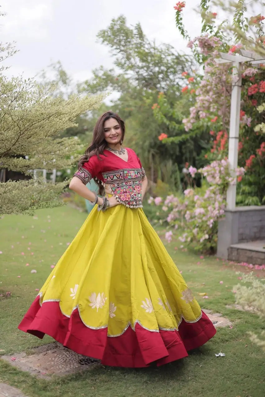 Designer Yellow and Maroon Lehenga featuring Intricate Kutchi Inspired Embroidery and Flowing Flared Silhouette