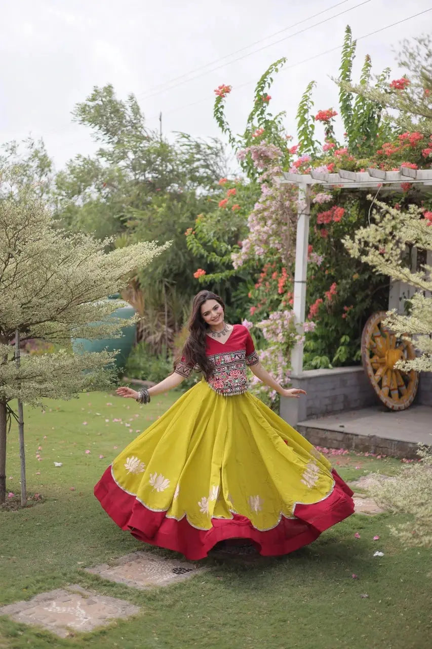 Stunning Mustard Yellow Flared Lehenga with Colorful Kutchi Work, Maroon Border, and Designer Ethnic Look