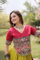 Designer Mustard Yellow and Maroon Lehenga Choli with Multicolor Embroidered Top, Lotus Motifs, and Festive Traditional Appeal