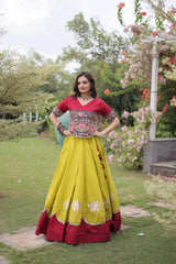 Women's Mustard Yellow and Maroon Lehenga Choli with Colorful Kutchi Embroidery and Traditional Ethnic Design