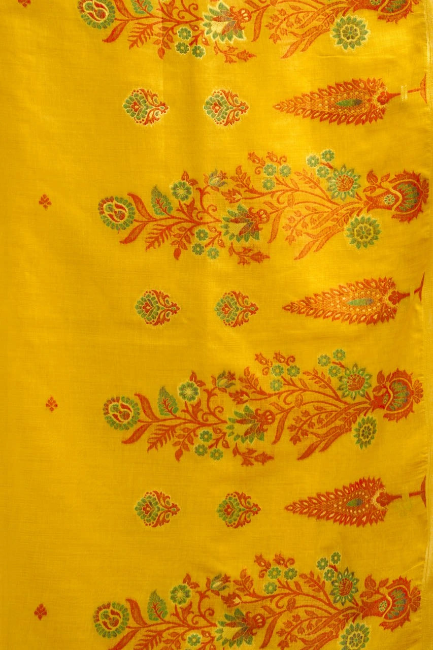 Yellow fabric with red and green floral patterns