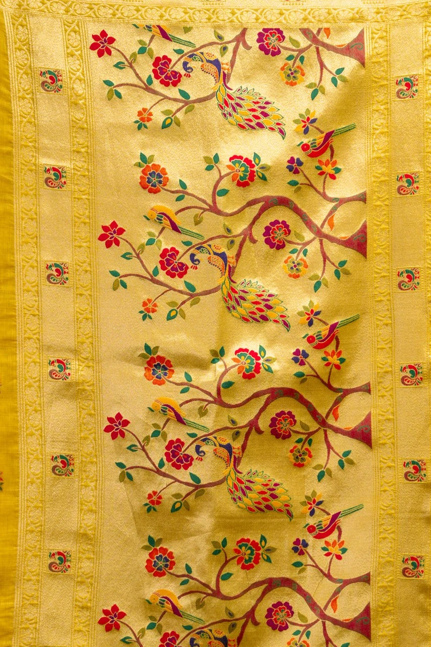 Decorative fabric with colorful bird and floral patterns on a yellow background