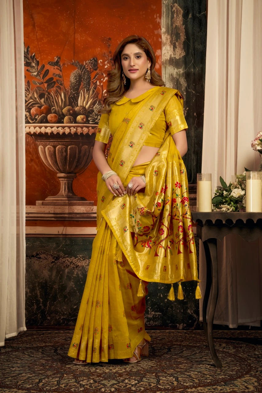 Woman in a yellow saree with a floral pattern in an elegant indoor setting.