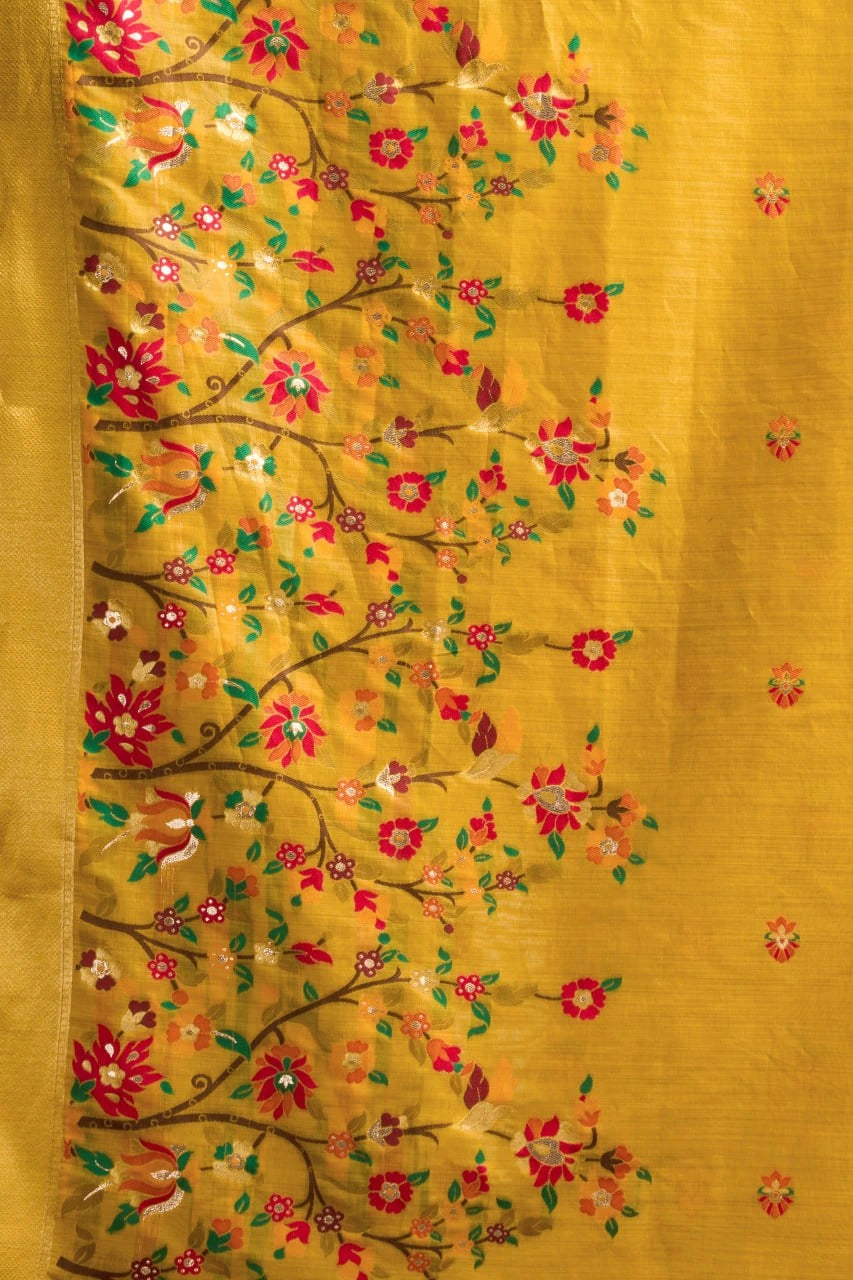 Yellow fabric with floral patterns on a yellow background