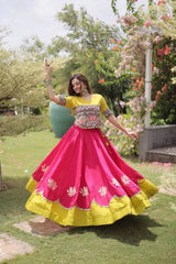 Traditional Pink and Yellow Lehenga Choli with Colorful Mirror Style Embroidery and Festive Appeal