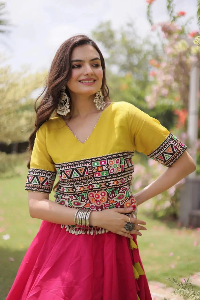 Women's Hot Pink and Mustard Yellow Lehenga Choli with Colorful Kutchi Embroidery and Traditional Ethnic Design