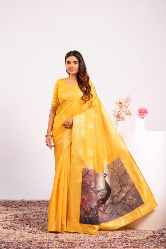 Woman wearing a yellow saree with a patterned border on a white background