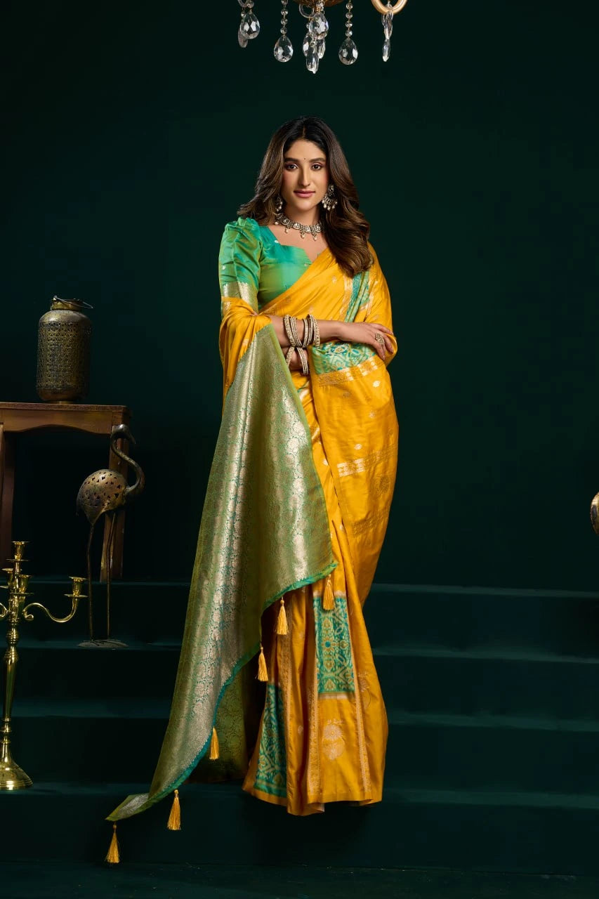 Woman in a yellow and green saree standing against a dark background