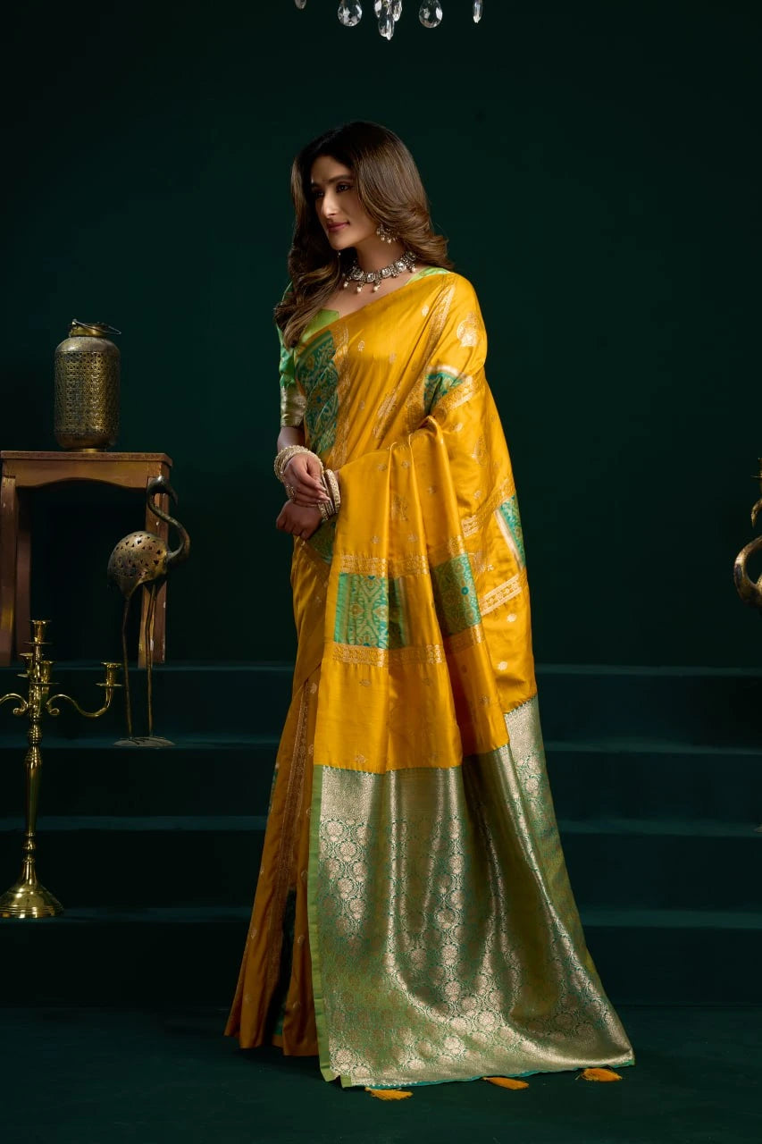Woman wearing a yellow and green saree with a dark background