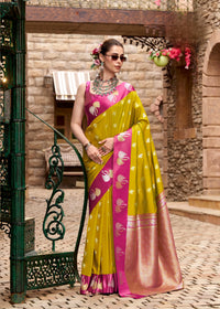 Yellow Zari Work Soft Satin Silk Saree