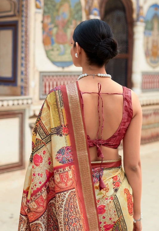 Woman in a traditional saree with a colorful background