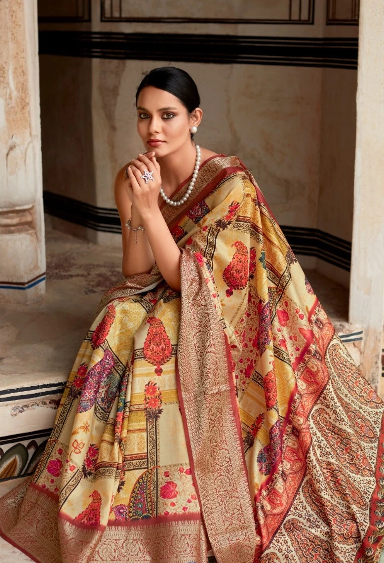 Woman wearing a traditional saree with intricate patterns in a decorative setting