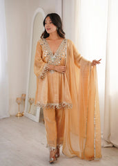 Woman wearing a peach-colored traditional outfit with intricate designs in a softly lit room.