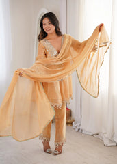 Woman wearing a peach-colored outfit with a matching shawl in a bright room.