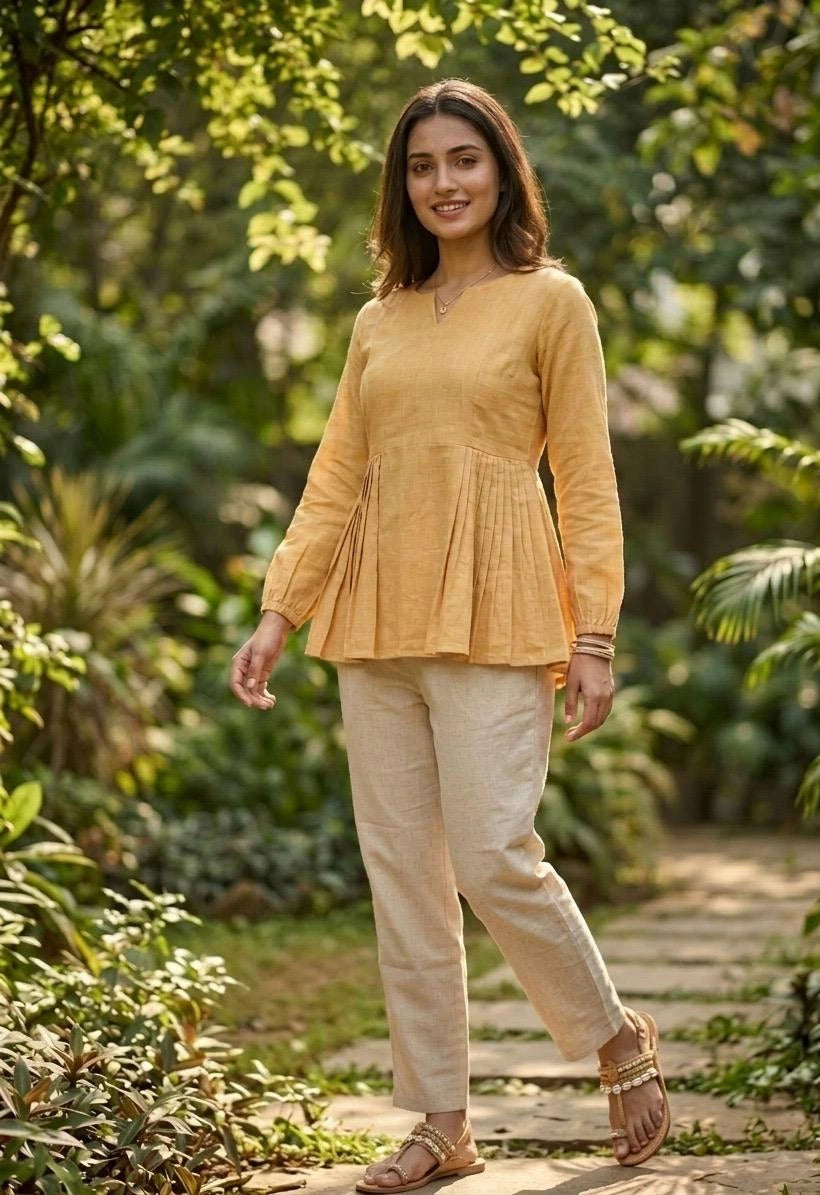 Woman in a yellow top and beige pants standing in a garden