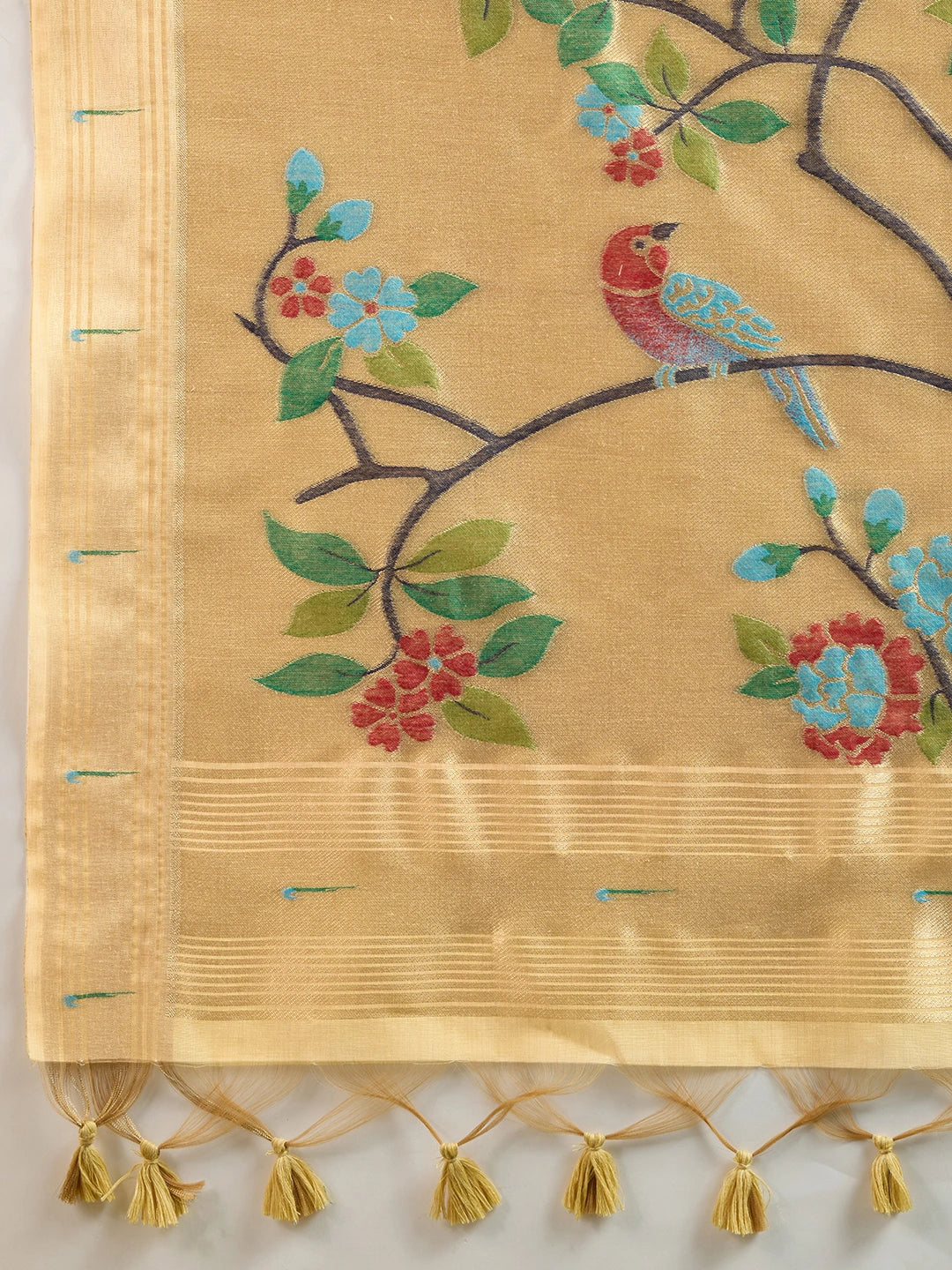 Purple fabric with gold floral embroidery