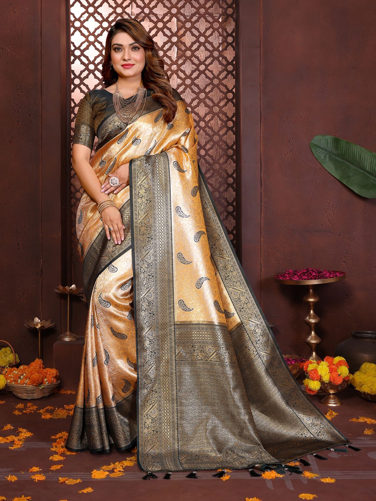 Woman wearing a traditional saree with a decorative background