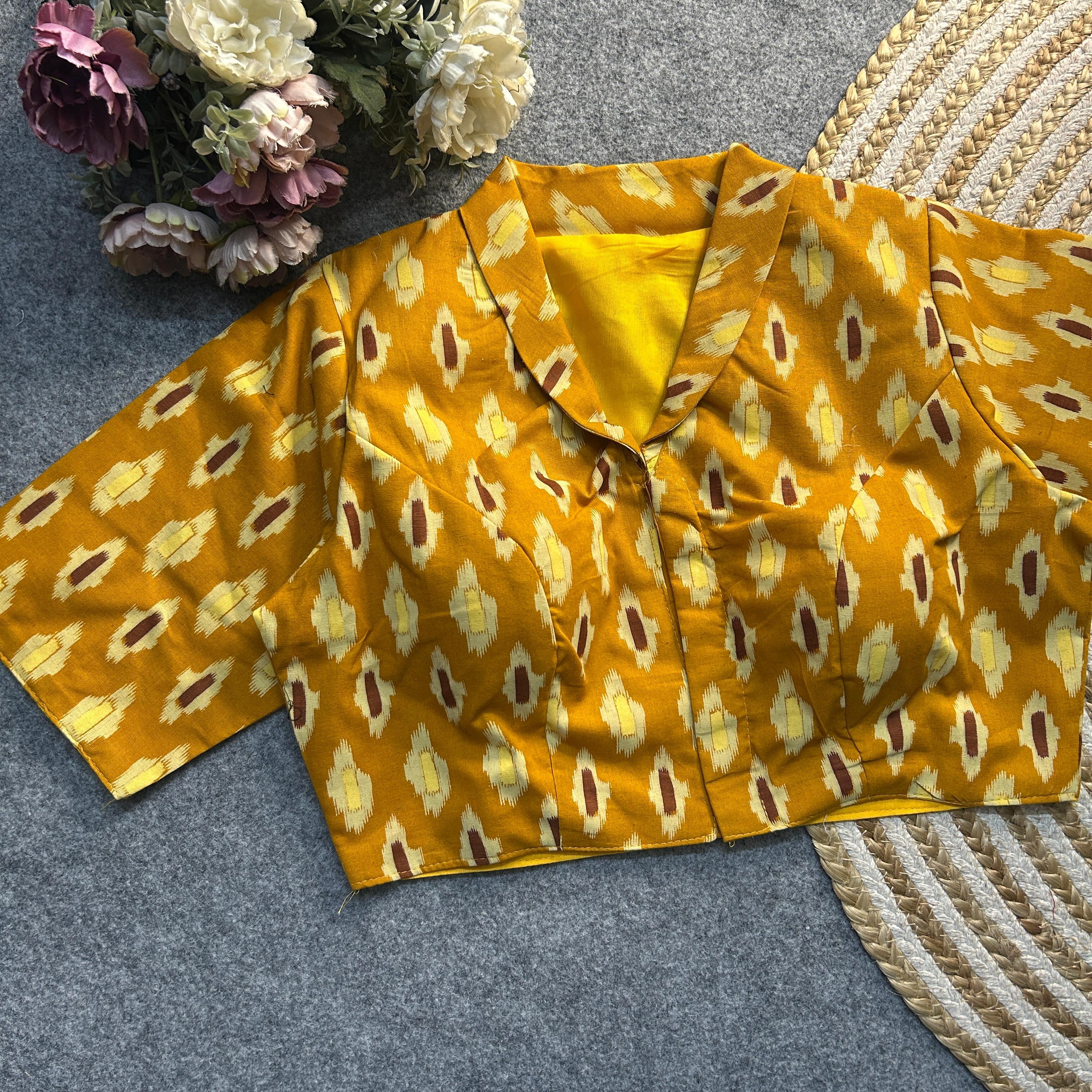 Yellow Ajrakh Print Cotton Blouse – Traditional Ajrakh Design on Soft Cotton Fabric for Elegant Styling