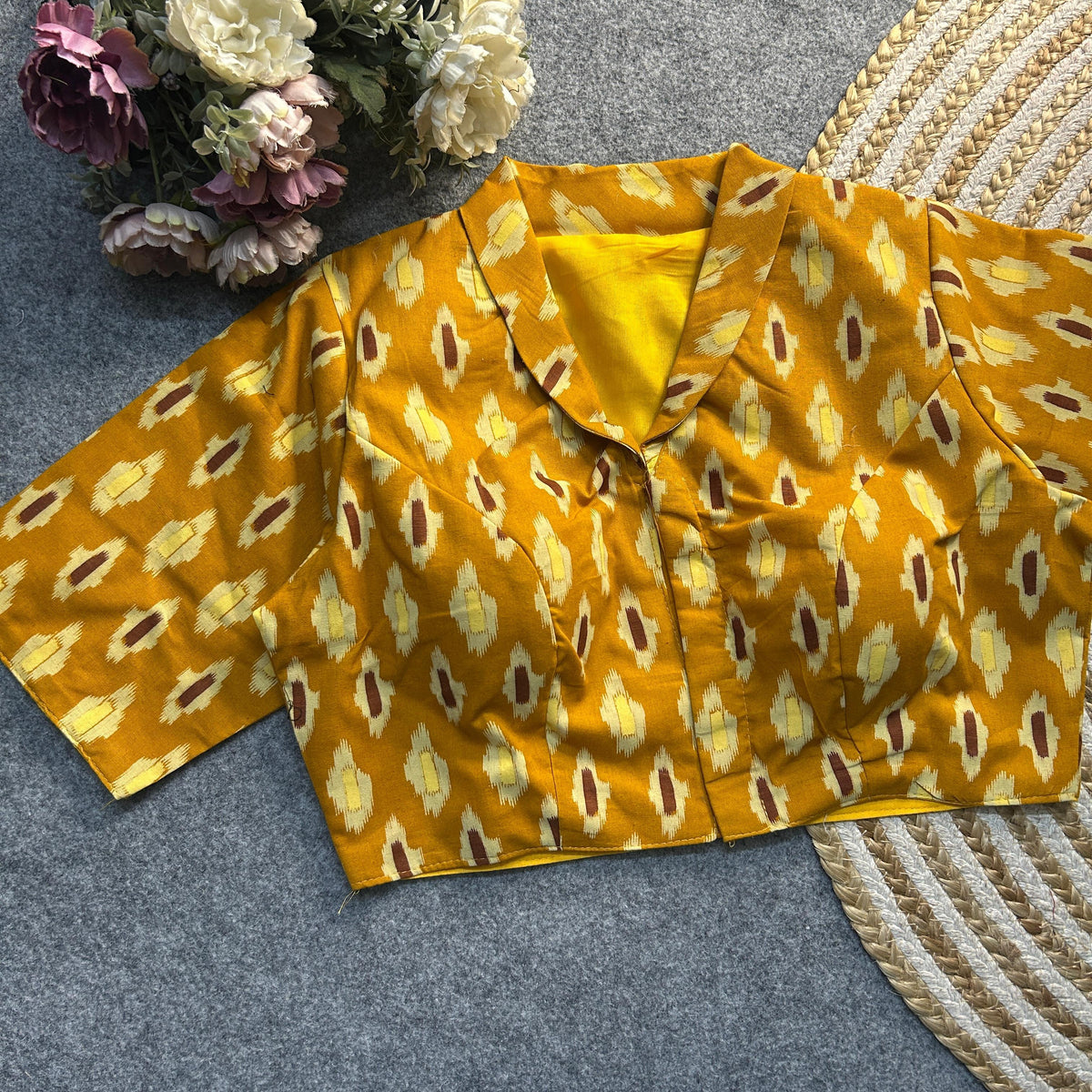 Yellow Ajrakh Print Cotton Blouse – Traditional Ajrakh Design on Soft Cotton Fabric for Elegant Styling