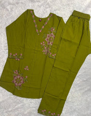 android green multi thread embroidered coord set kalyanja kc12 flat lay top and pant
