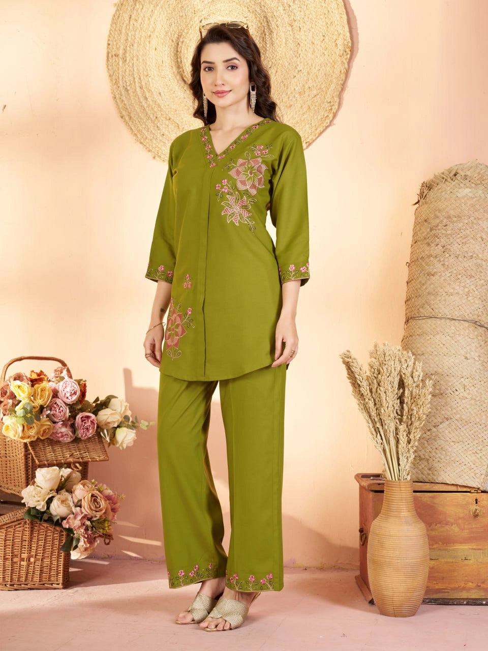 android green multi thread embroidered coord set kalyanja kc12 front alt angle