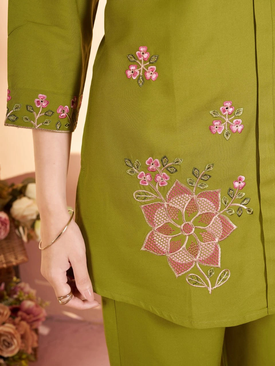 android green multi thread embroidered coord set kalyanja kc12 side floral embroidery detail