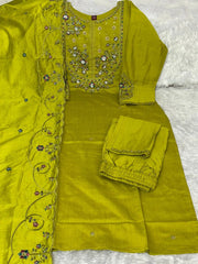 Android Green Multi Thread Embroidered Kurti Marina Silk Blend KK110 - Flat Lay Set