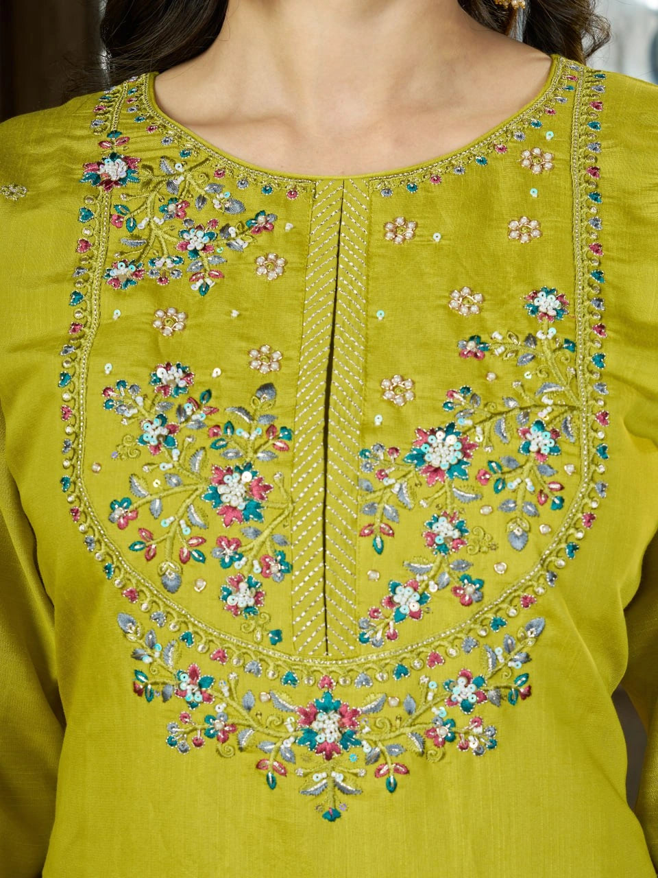 Android Green Multi Thread Embroidered Kurti Marina Silk Blend KK110 - Front Full Length