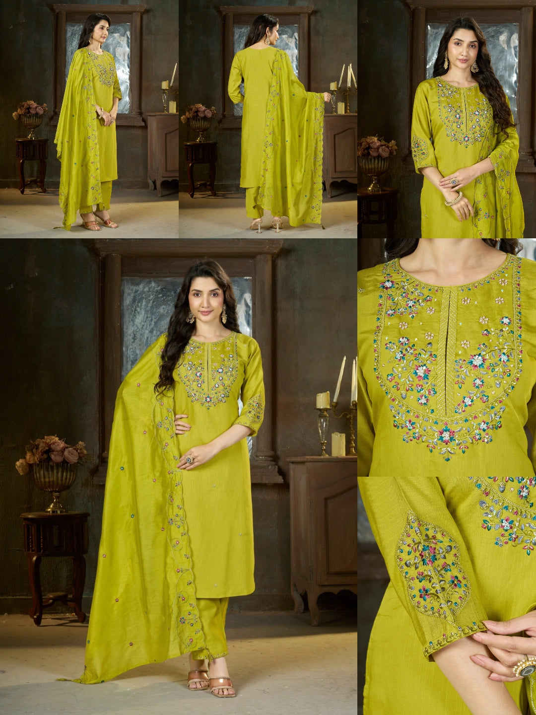Android Green Multi Thread Embroidered Kurti Marina Silk Blend KK110 - All Views