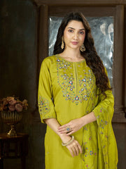 Android Green Multi Thread Embroidered Kurti Marina Silk Blend KK110 - Upper Body with Dupatta