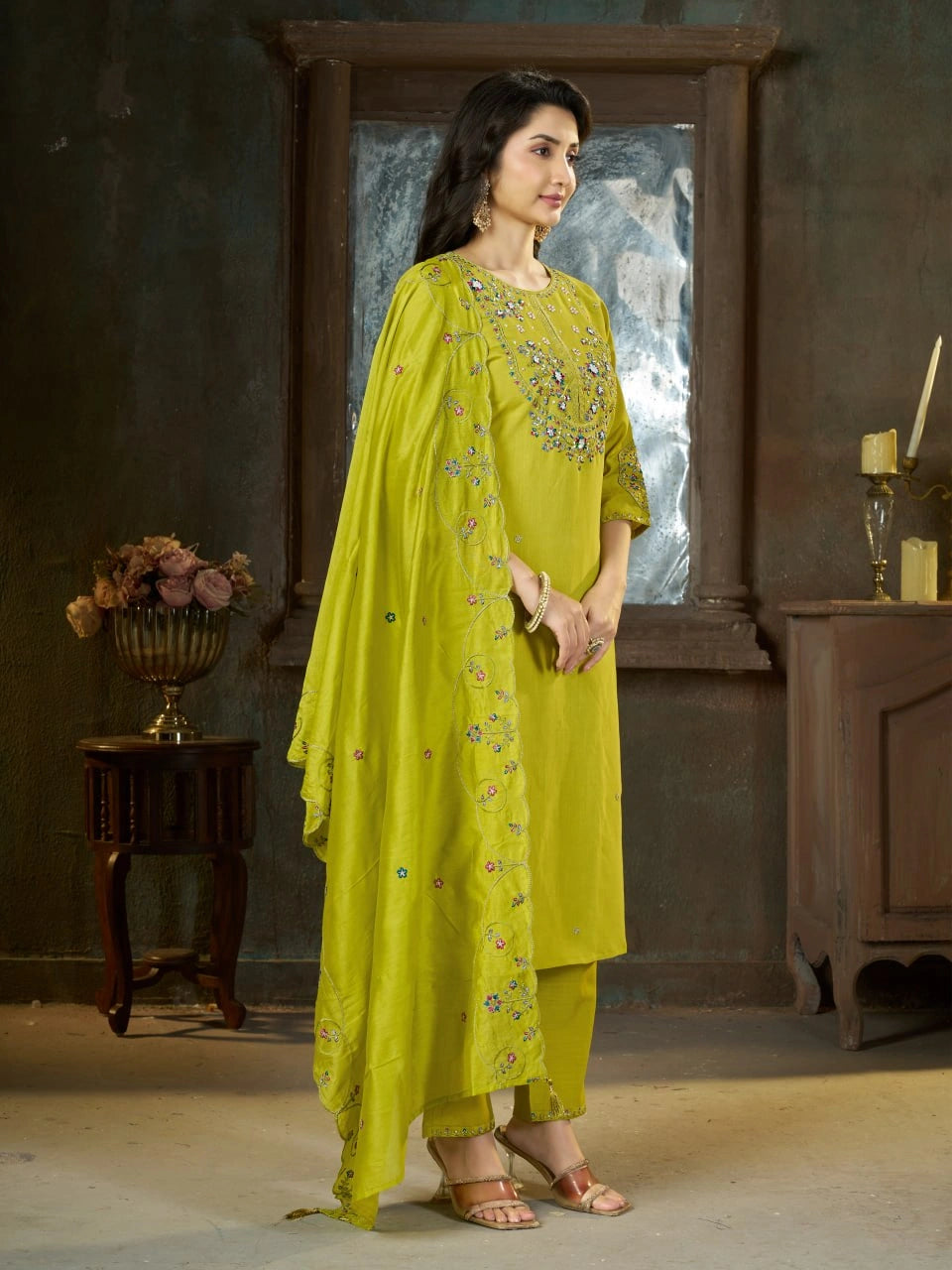 Android Green Multi Thread Embroidered Kurti Marina Silk Blend KK110 - Neckline Embroidery Detail