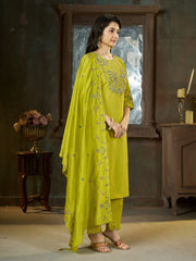 Android Green Multi Thread Embroidered Kurti Marina Silk Blend KK110 - Neckline Embroidery Detail
