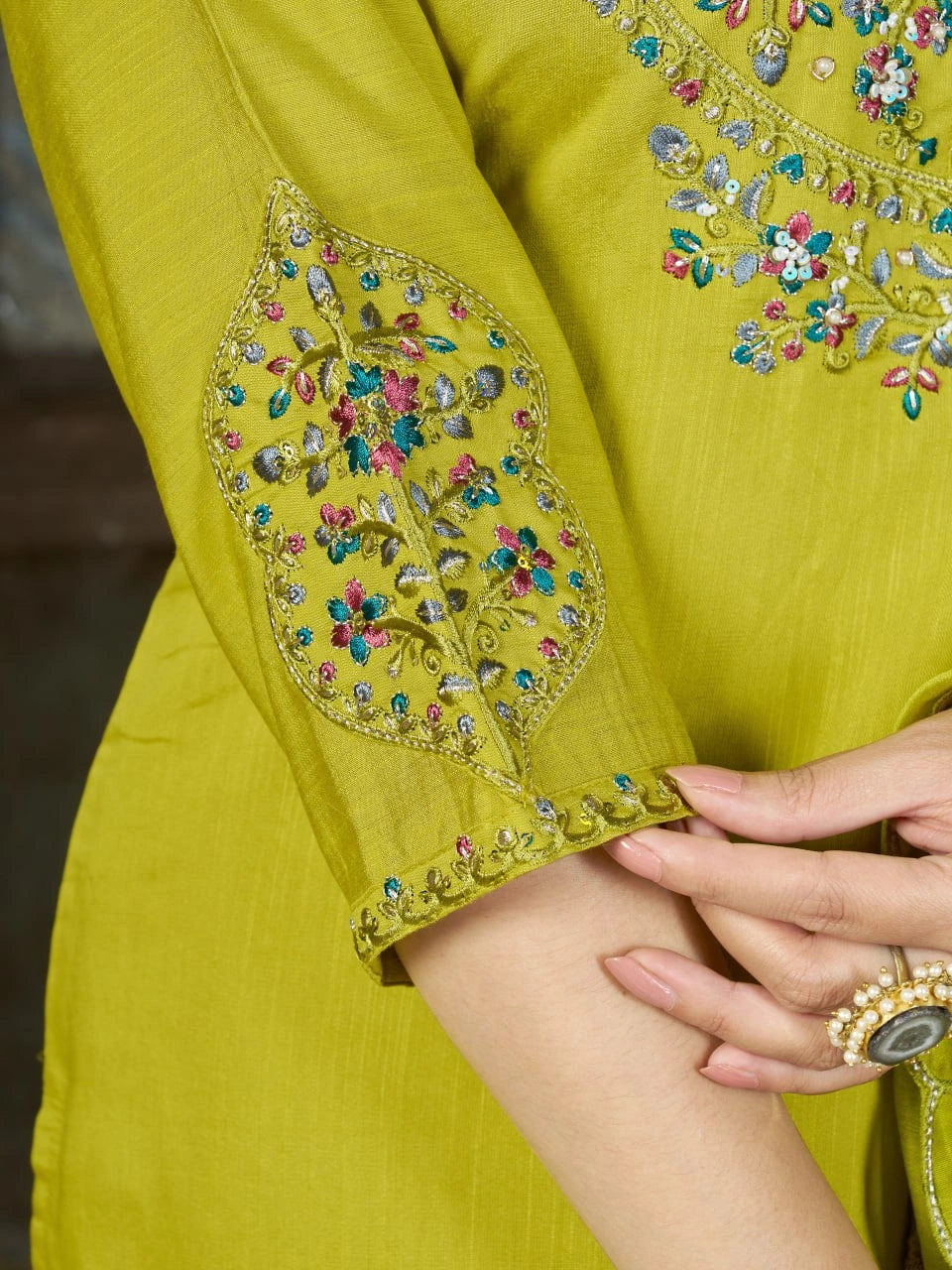 Android Green Multi Thread Embroidered Kurti Marina Silk Blend KK110 - Back View