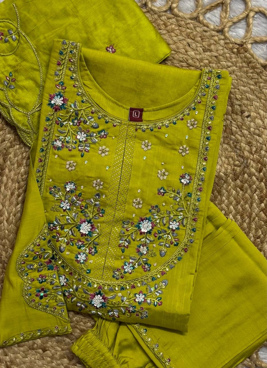 Android Green Multi Thread Embroidered Kurti Marina Silk Blend KK110 - Flat Lay Detail