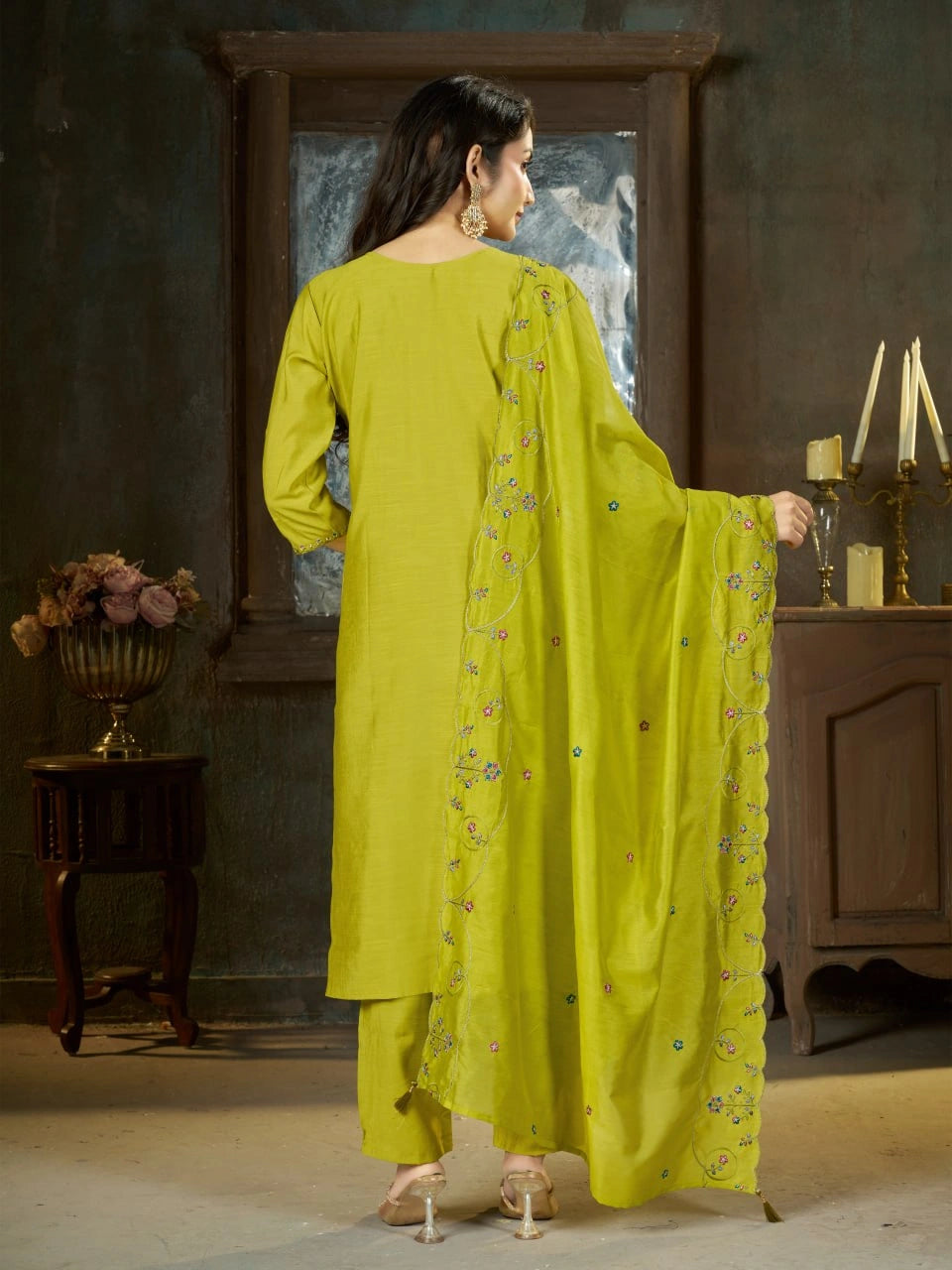 Android Green Multi Thread Embroidered Kurti Marina Silk Blend KK110 - Style Shot